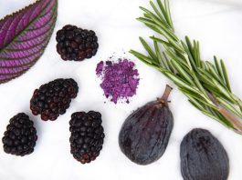 Purple leaf, black raspberries, purple powder, fig and thymes on a table